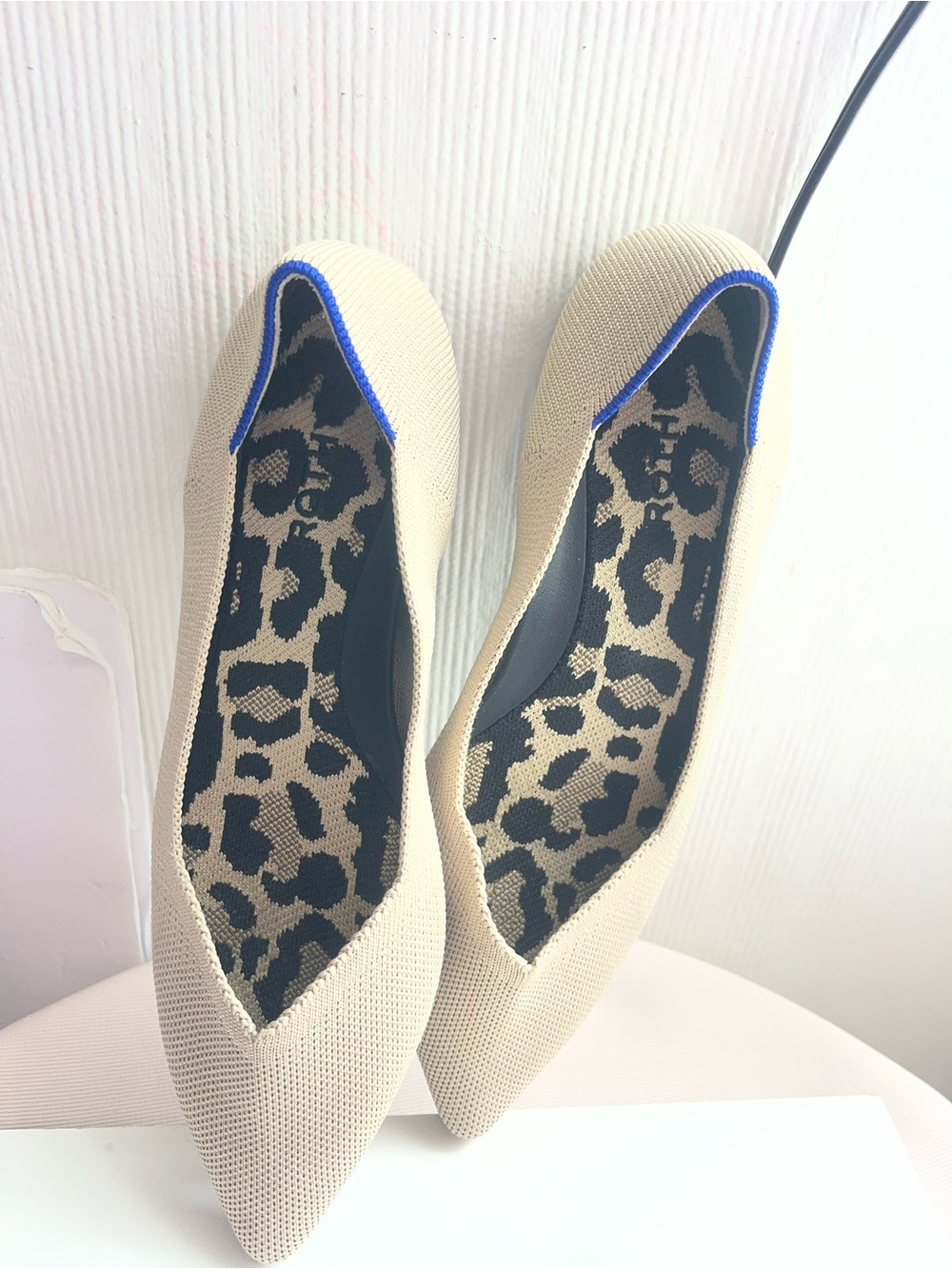 Rothy's Beige Pointed Knit Flats with Royal Blue Piping